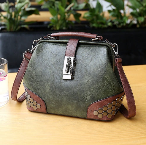 Women Handbag Leather Small Doctor Bag Women Shoulder Bag Female Crossbody Handbag Lock Chain Rivets Girls Vintage Women Bags