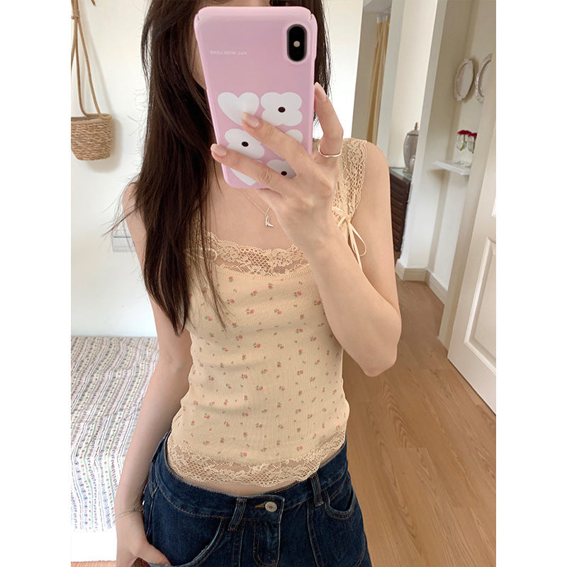 Sweet And Spicy Lace Stitching Floral Slim-fitting Suspenders Vest