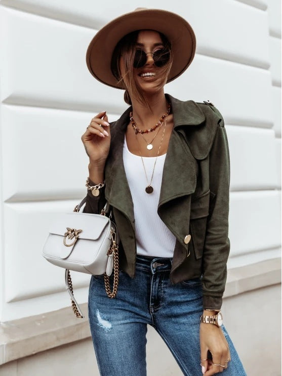 Amazon Fall Winter Long Sleeve Lapel Deerskin Button Jacket Small Jacket