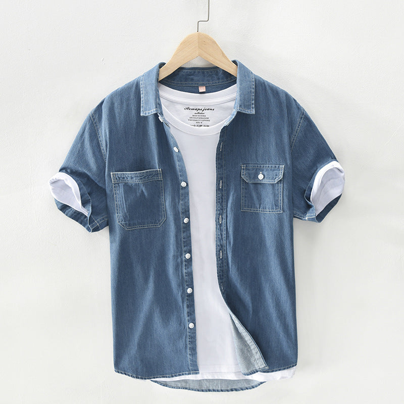 Denim Shirt Men's Short-sleeved Pure Cotton Washed Japanese Retro Youth Short-sleeved