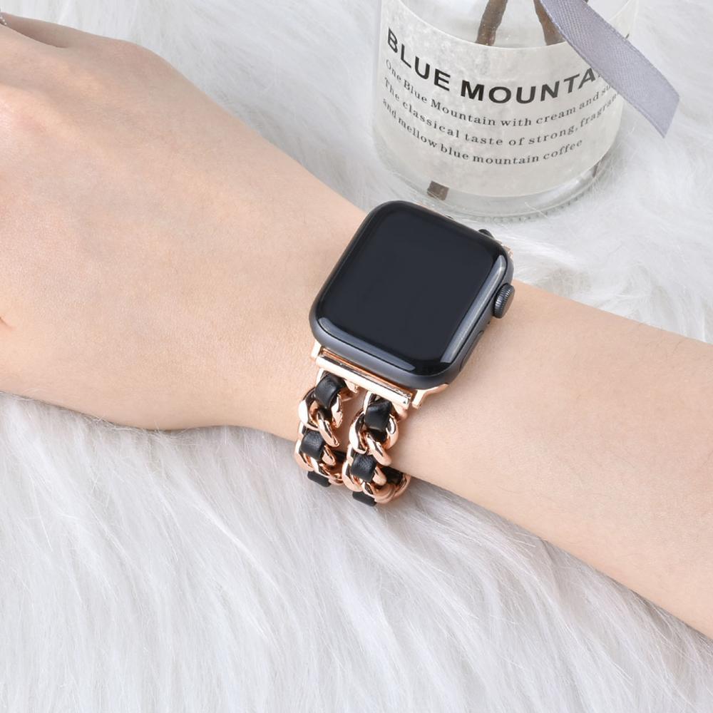 Compatible with Apple, Strap Cuban Link Bracelet IWatch Leather  Metal Strap