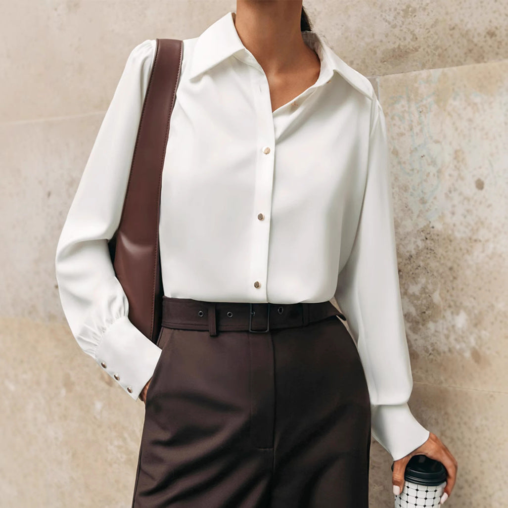 French Style White With Lapel Long Sleeve Shirt For Women