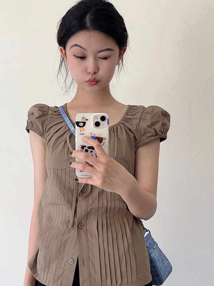 U-collar Shirt Women's Shoulder Slim-fit Short Puff Sleeve Shirt