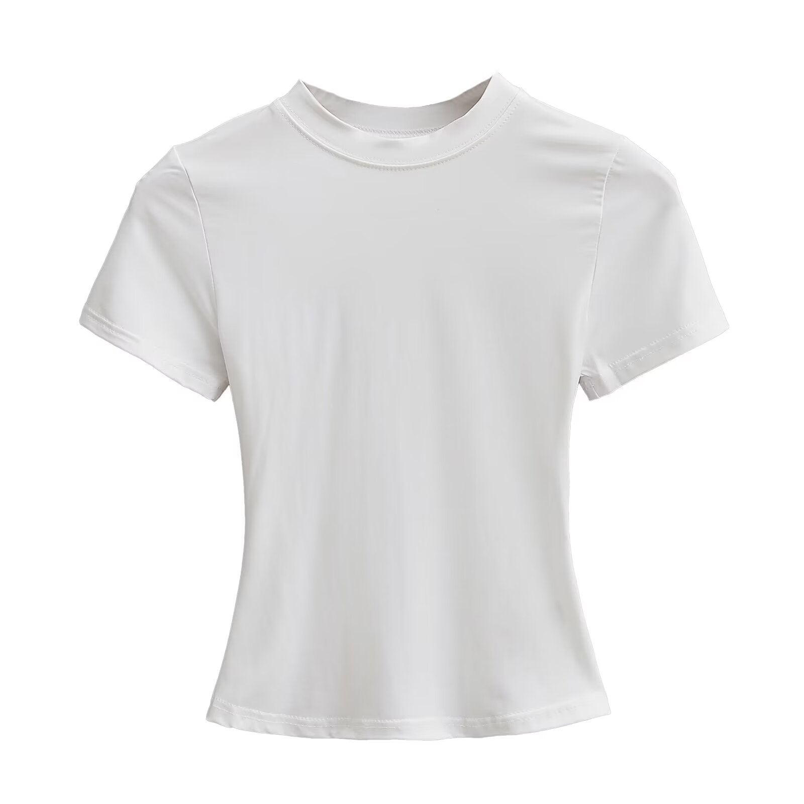Solid Color Small Round Neck Elastic Shoulder Short Sleeve T-shirt Basic Style Waist-tight