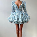 Printed Lace-up Square Collar Long Sleeve Elastic Waist Tulle Tutu Dress