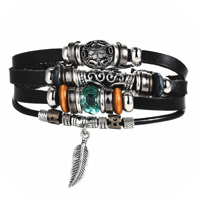 Artificial Leather Creative Vintage Punk Style Blue Beads Leaves Black For Men Leather Bracelet