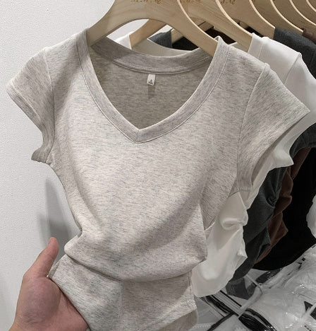 Sweet Cool Hot Girl Style Short-sleeved T-shirt Women's V-neck Shoulder Slim Fit Slimming