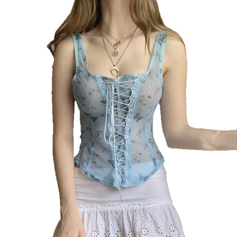 French Style Girl Square Collar Butterfly Printed Mesh Sling Top