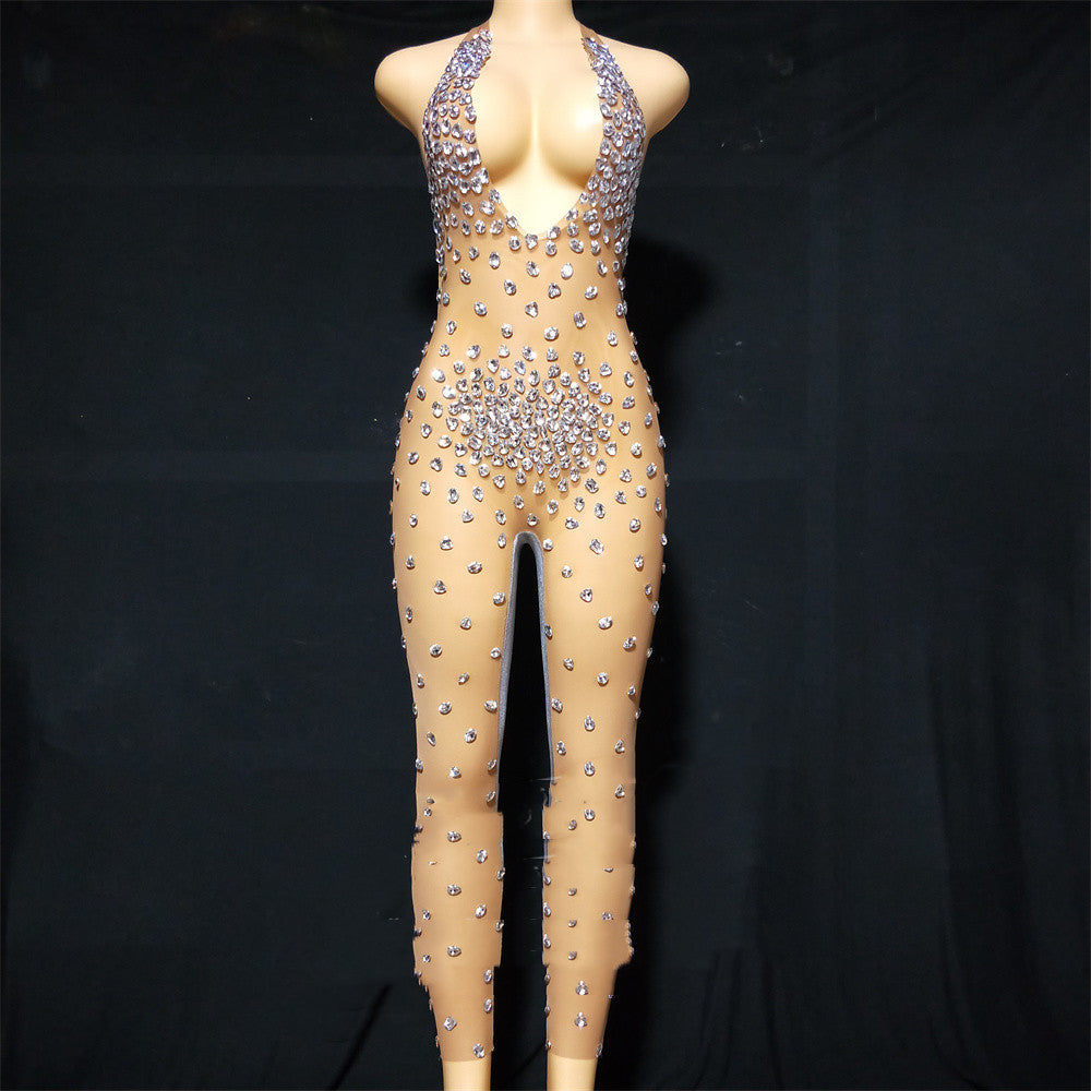 Gray Velvet Rhinestone Stretch One-piece Stage Performance Clothing Woman