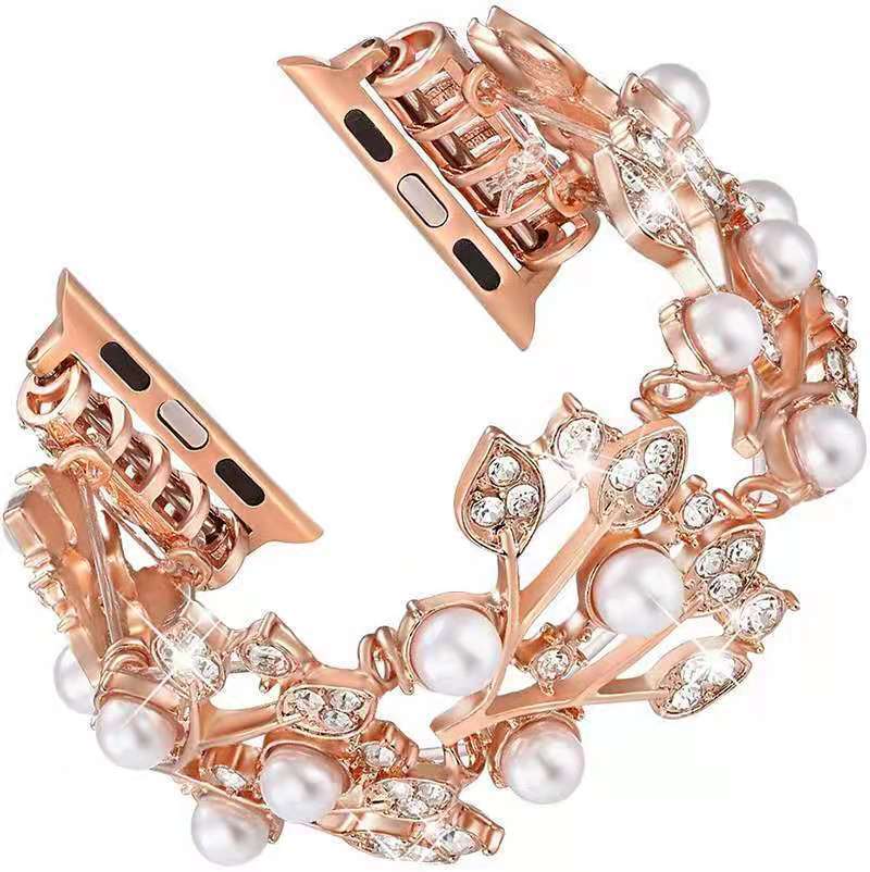Pearl Diamond Leaf Smart Strap Watch Bracelet