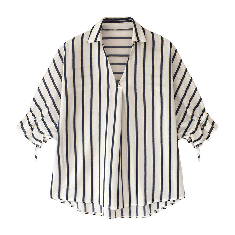 Lace-up Three-quarter Sleeve Striped Shirt For Women
