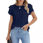 Summer Pleated Short Sleeve Round Neck Top Business Work Shirt
