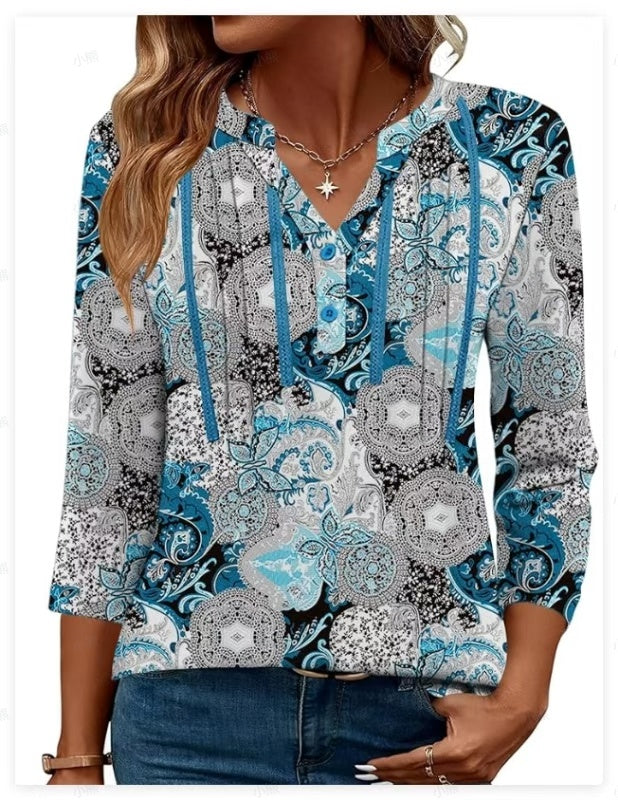 Women'S V-Neck Long Sleeve Shirt With Letter Print