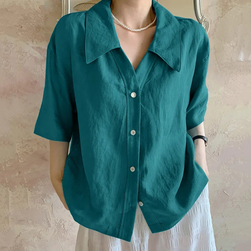 New Retro Loose Solid Color Short Sleeve Shirt