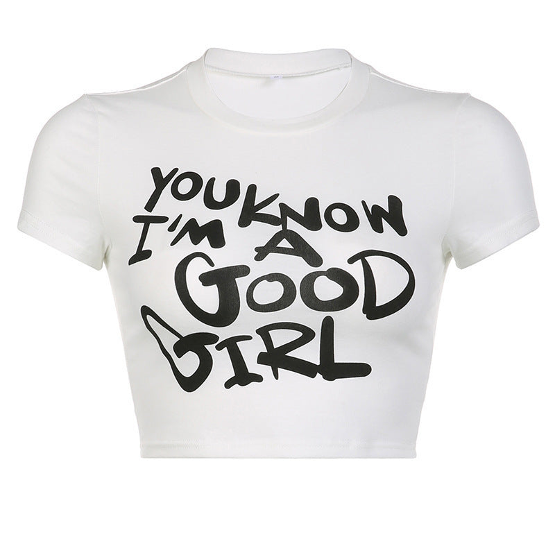 Slim Fit Printed Letter Retro Gothic Round Neck Short Sleeve T-shirt Top