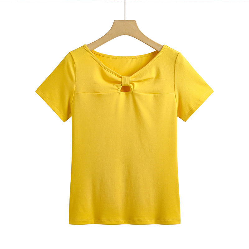 Women's Korean-style Slim-fit Cotton Short-sleeved Hollow-out Chest Bow
