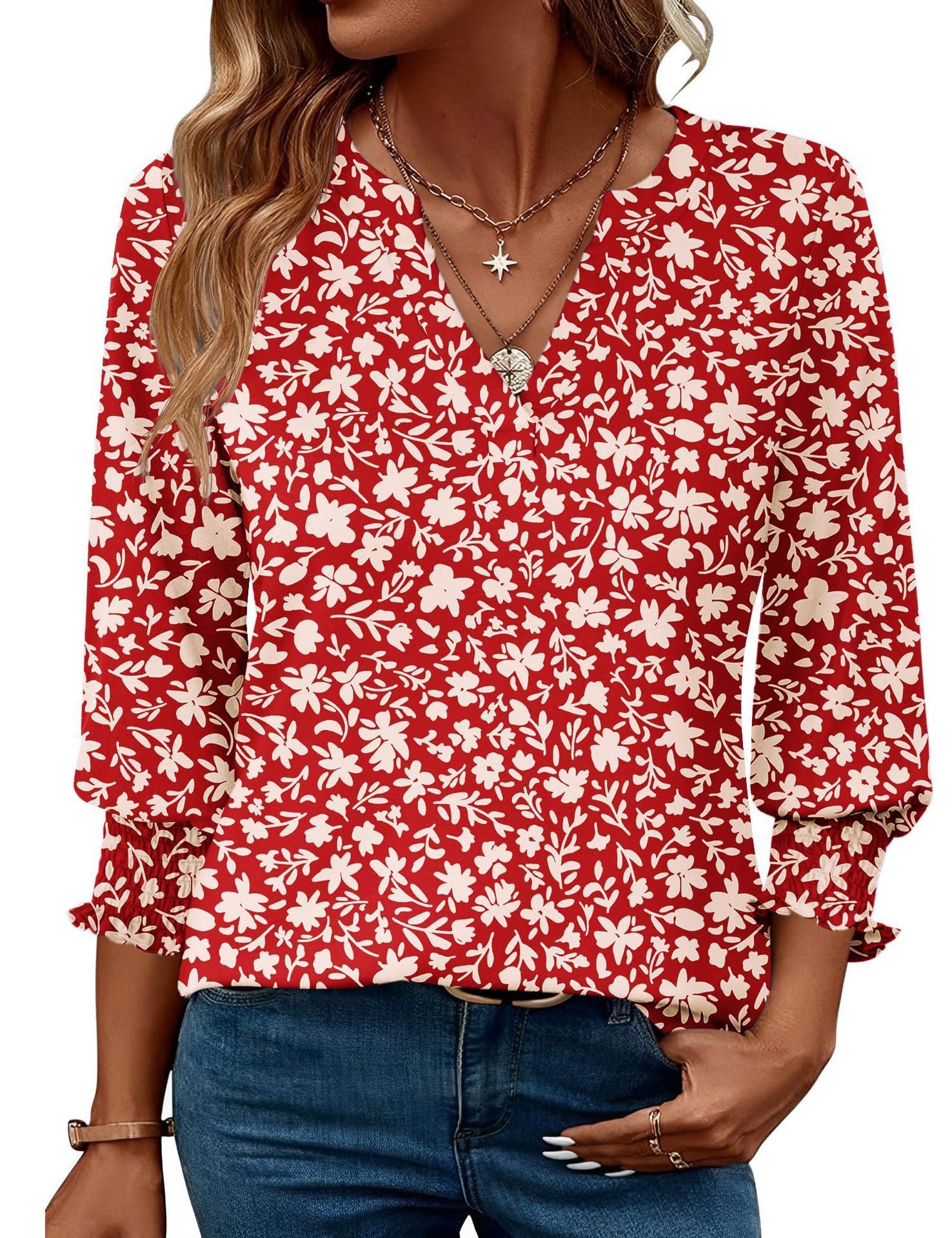 Fashion Tops Three-quarter Sleeve Flower Print Casual Shirt