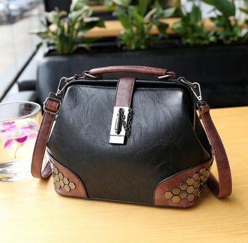 Women Handbag Leather Small Doctor Bag Women Shoulder Bag Female Crossbody Handbag Lock Chain Rivets Girls Vintage Women Bags