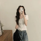 Single-breasted Lace Up Short Shirt French Small Top