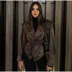 All-match Retro Green Collar Single-breasted With Belt Leather Coat Women