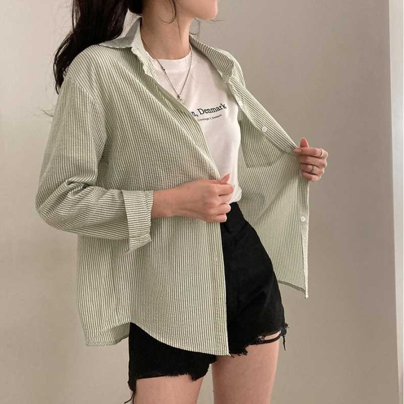 French Classic Striped Pleated Loose Pockets Long Sleeve All-matching Shirt