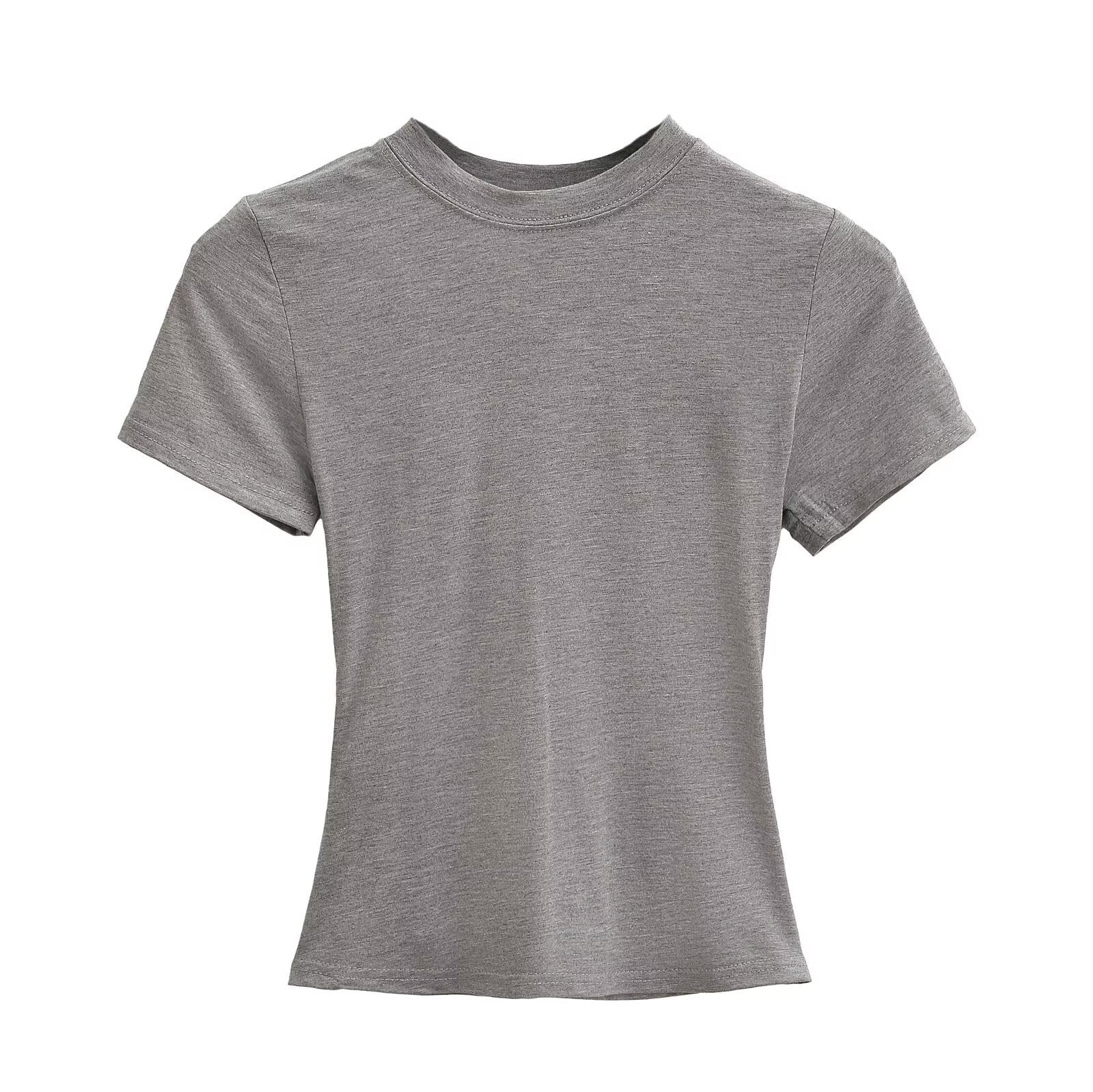 Solid Color Small Round Neck Elastic Shoulder Short Sleeve T-shirt Basic Style Waist-tight