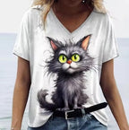 Women's Summer Cat Print Casual Short Sleeve Round Shirt Loose Clothing