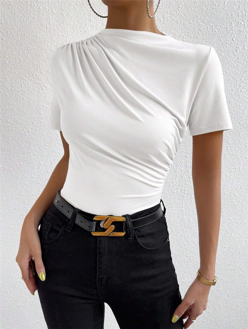 Women's Slim-fit Short-sleeved T-shirt With Small Turtleneck Pleating