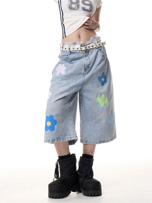 American Vintage Small Flower Loose Straight-leg Denim Cropped Pants For Women