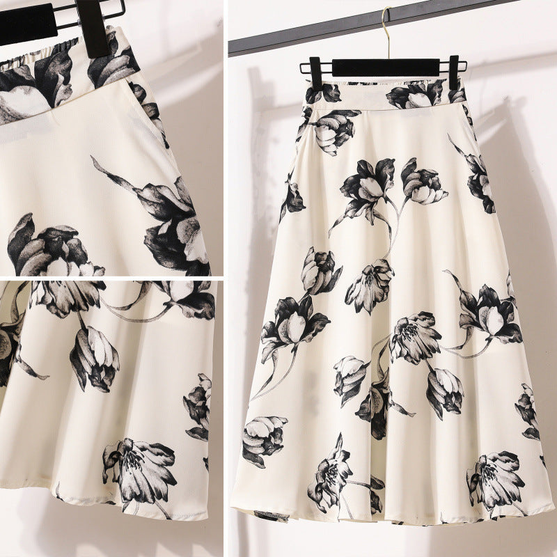 Plus Size Ice Silk Chiffon Women's Fashion Ink Painting Printing High Waist Skirt