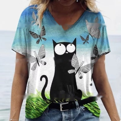 Women's Summer Cat Print Casual Short Sleeve Round Shirt Loose Clothing