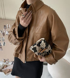 Women's Tooling Style Leather Jacket Jacket With Stand-up Collar