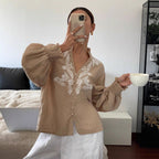 V-neck Machine Embroidery Pearl Single-breasted Lantern Long Sleeve Top