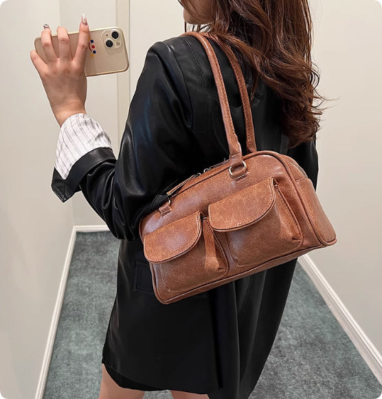 Oil Wax Leather Bowling Bag, Korean Niche Underarm Bag