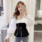Long Sleeve Cinched Patchwork False Two-piece Suit Shirt