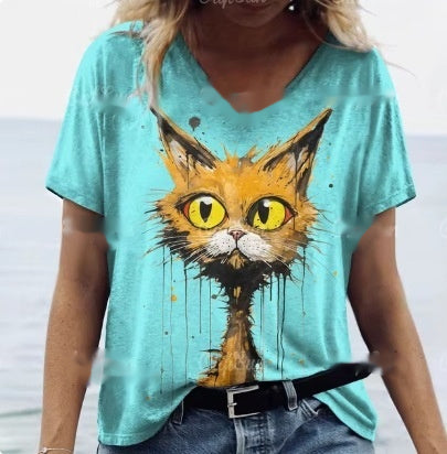 Women's Summer Cat Print Casual Short Sleeve Round Shirt Loose Clothing