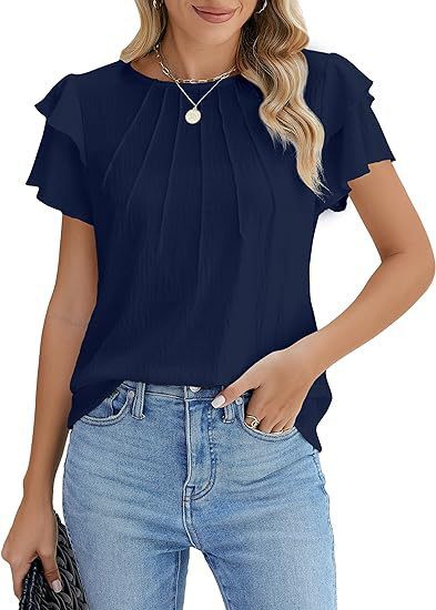 Summer Pleated Short Sleeve Round Neck Top Business Work Shirt